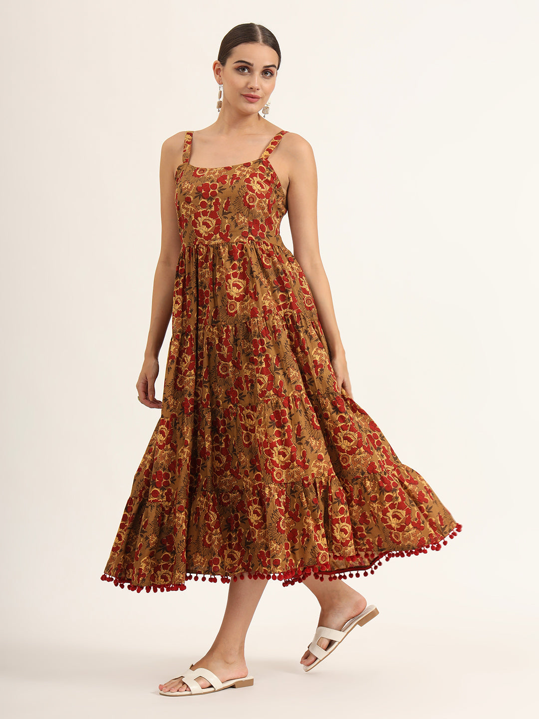 Noe Velarro Brown Floral Print Pure Cotton Fit & Flare Dress