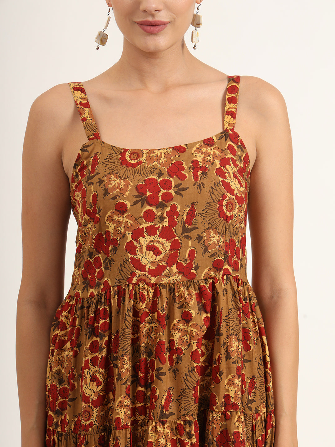 Noe Velarro Brown Floral Print Pure Cotton Fit & Flare Dress