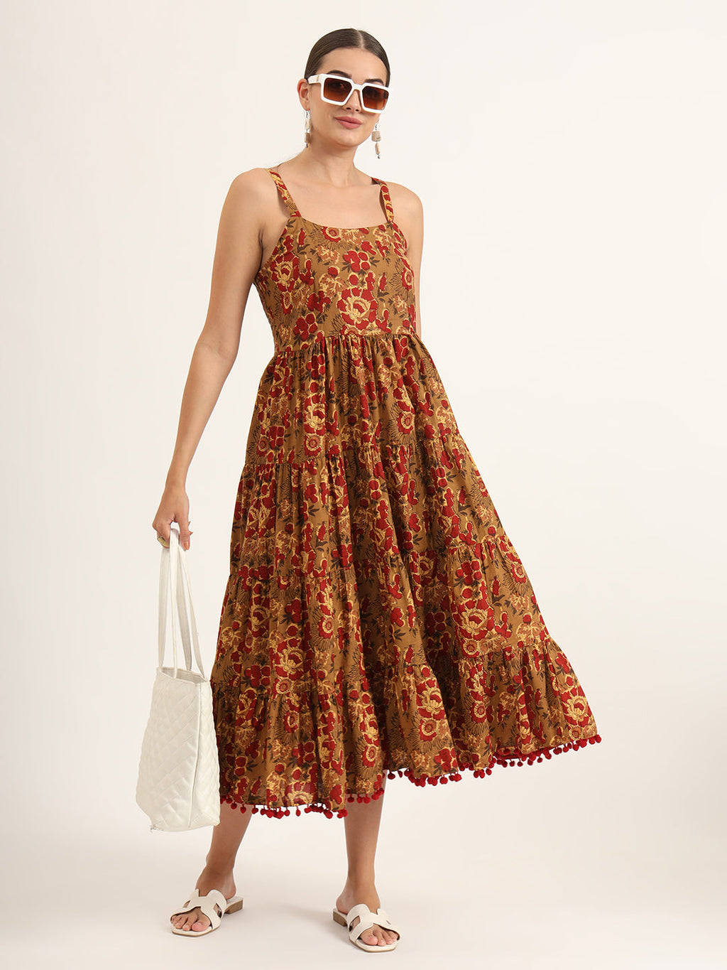 Noe Velarro Brown Floral Print Pure Cotton Fit & Flare Dress