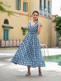 Noe Velarro Blue Floral Print Pure Cotton Fit & Flare Dress