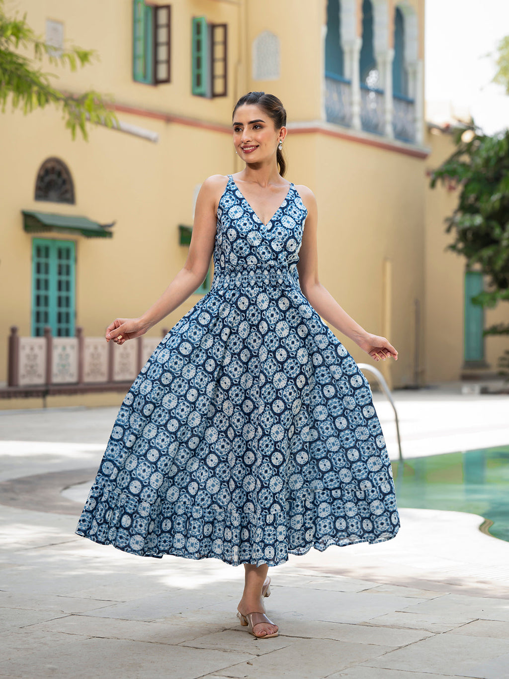 Noe Velarro Blue Floral Print Pure Cotton Fit & Flare Dress