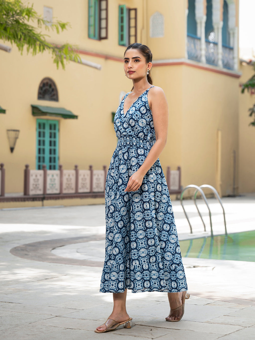 Noe Velarro Blue Floral Print Pure Cotton Fit & Flare Dress