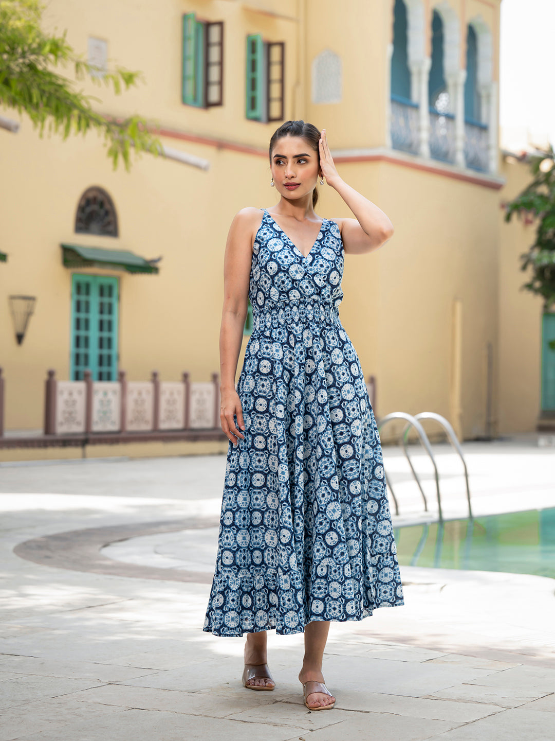Noe Velarro Blue Floral Print Pure Cotton Fit & Flare Dress