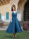 Noe Velarro Indigo Blue Floral Print Pure Cotton Fit & Flare Dress