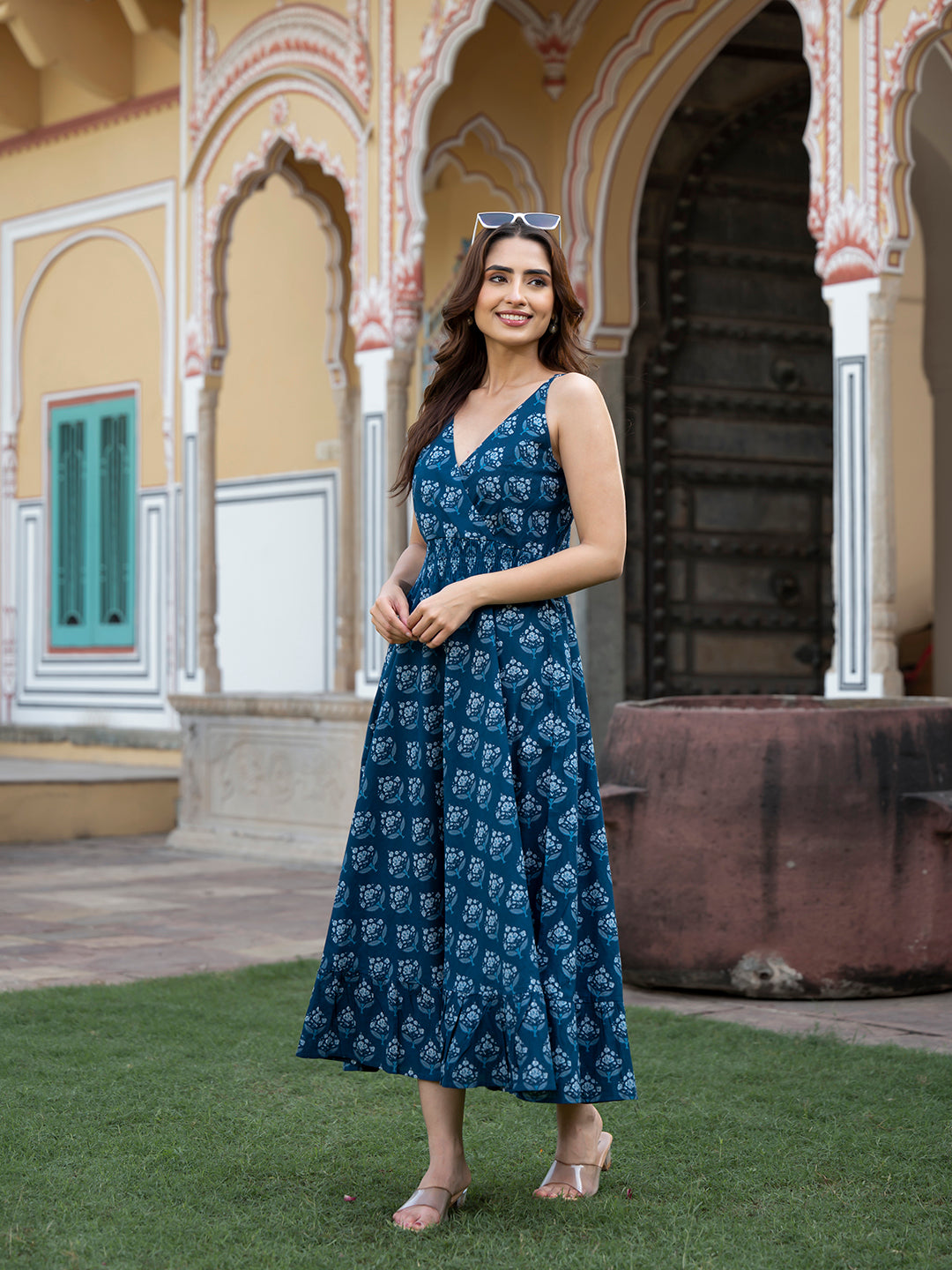 Noe Velarro Indigo Blue Floral Print Pure Cotton Fit & Flare Dress