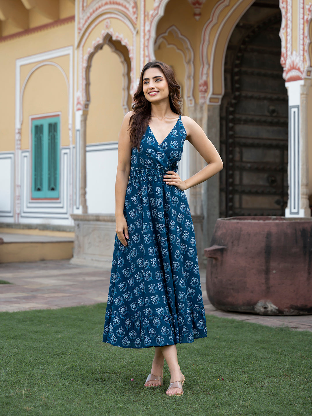 Noe Velarro Indigo Blue Floral Print Pure Cotton Fit & Flare Dress