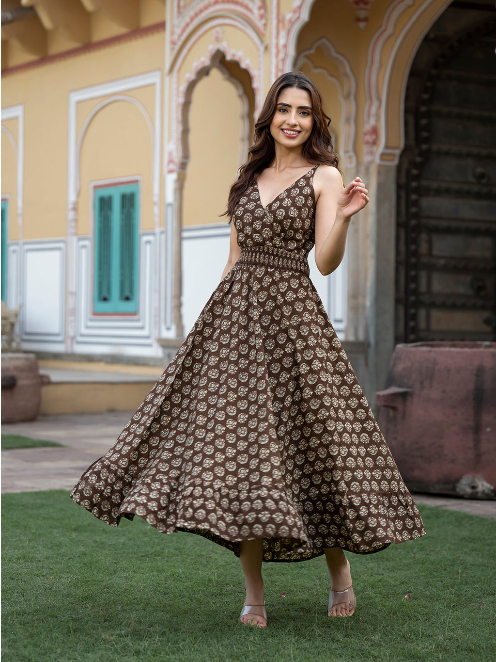 Noe Velarro Brown Floral Print Pure Cotton Fit & Flare Dress