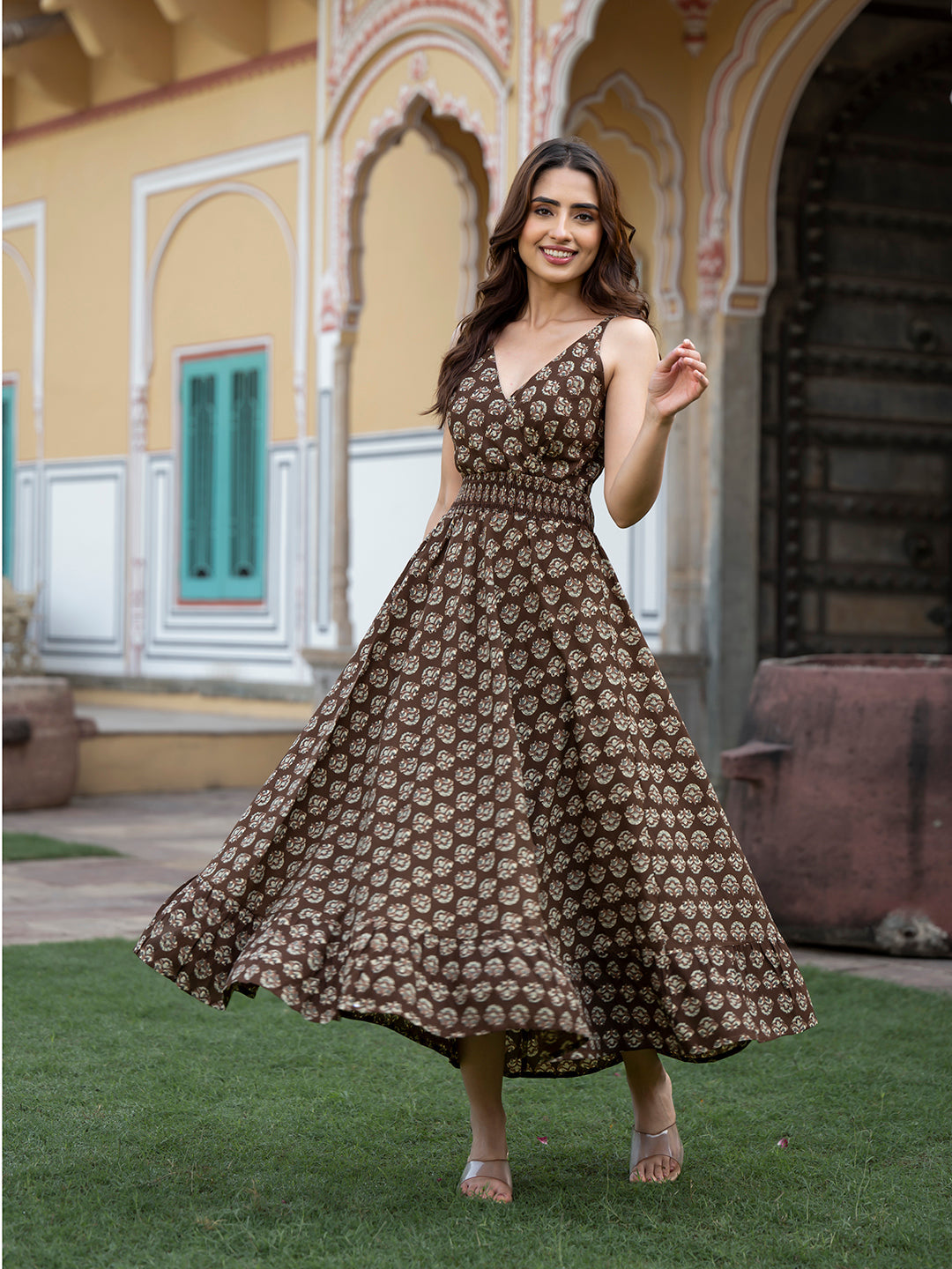 Noe Velarro Brown Floral Print Pure Cotton Fit & Flare Dress
