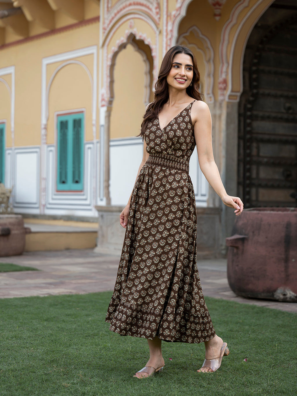 Noe Velarro Brown Floral Print Pure Cotton Fit & Flare Dress