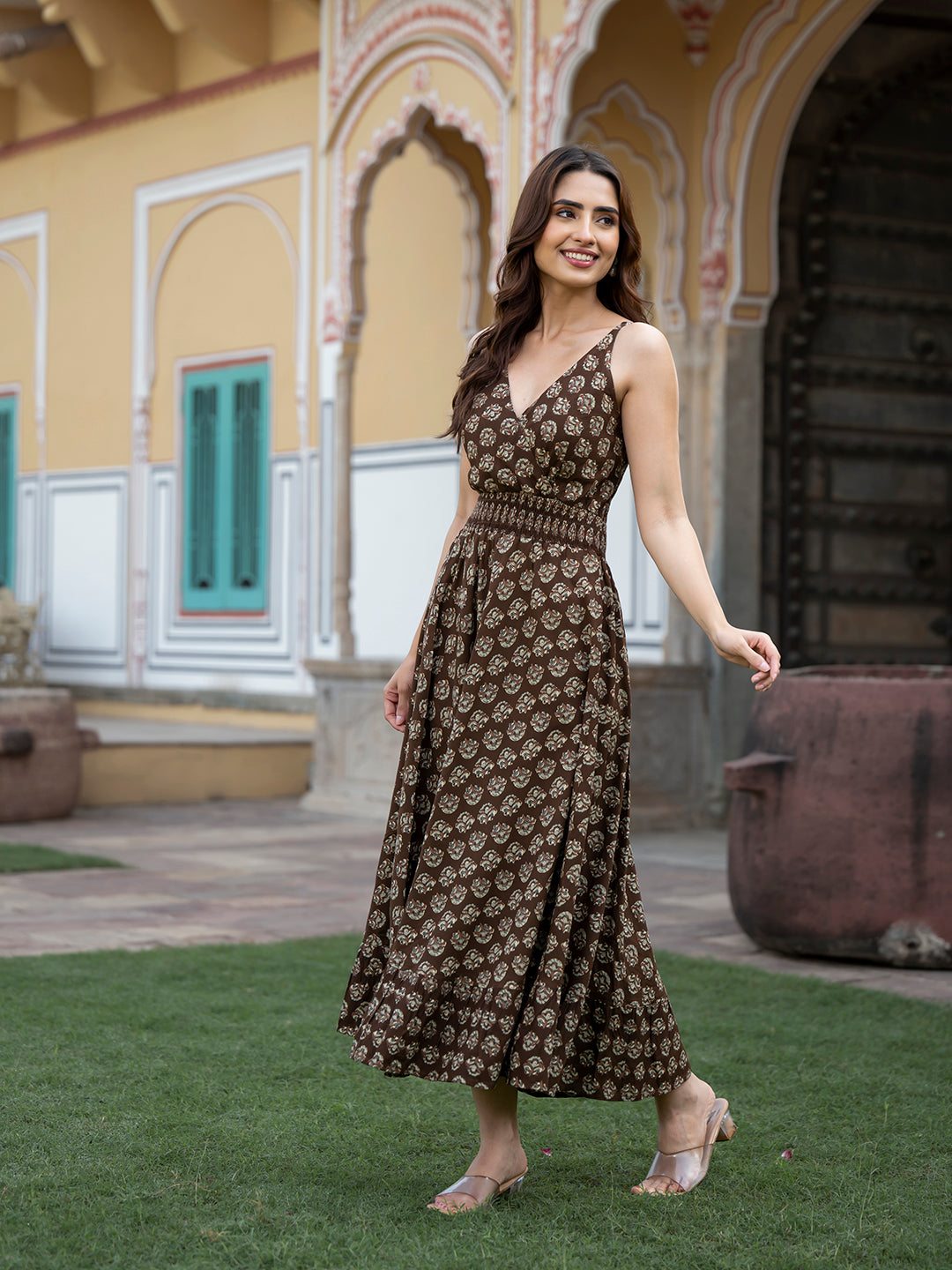 Noe Velarro Brown Floral Print Pure Cotton Fit & Flare Dress