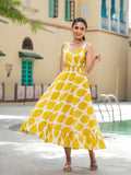 Noe Velarro Yellow Printed Pure Cotton Fit & Flare Dress