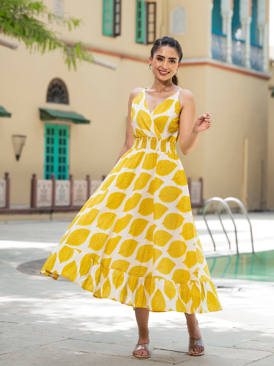 Noe Velarro Yellow Printed Pure Cotton Fit & Flare Dress