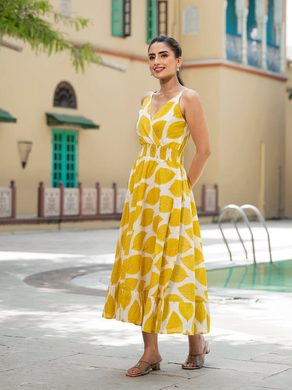 Noe Velarro Yellow Printed Pure Cotton Fit & Flare Dress