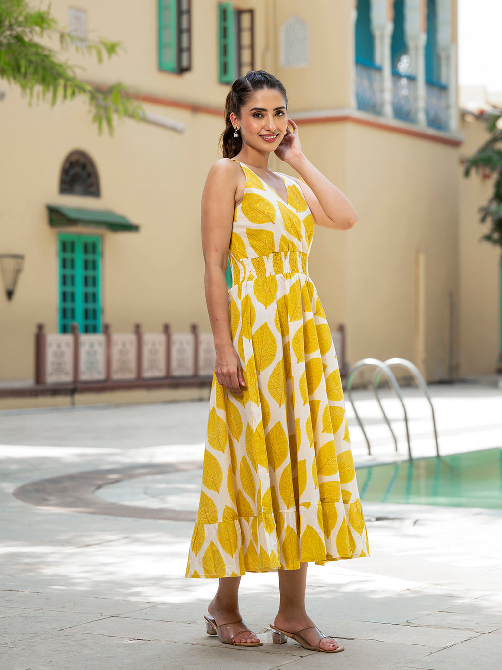 Noe Velarro Yellow Printed Pure Cotton Fit & Flare Dress
