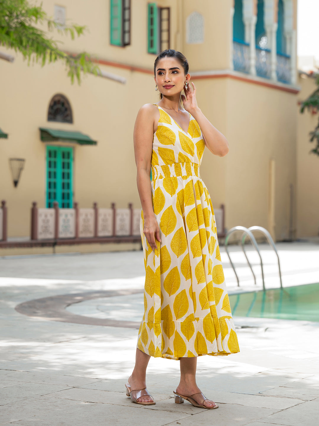 Noe Velarro Yellow Printed Pure Cotton Fit & Flare Dress