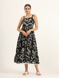 Noe Velarro Black Floral Print Pure Cotton Fit & Flare Dress