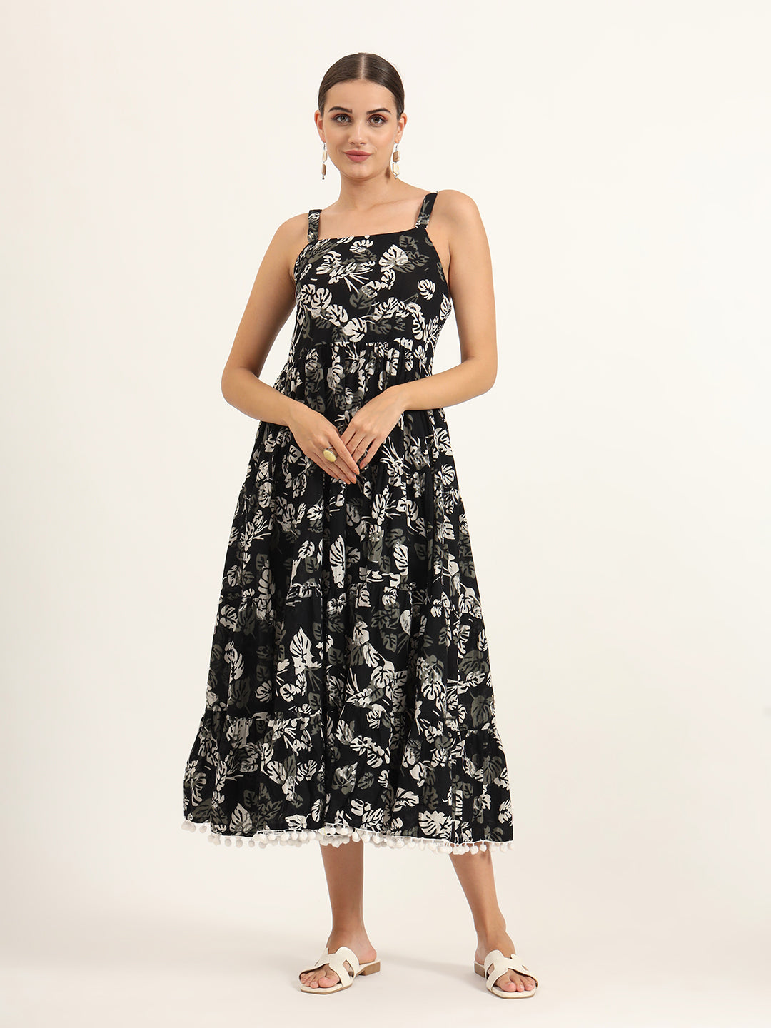 Noe Velarro Black Floral Print Pure Cotton Fit & Flare Dress