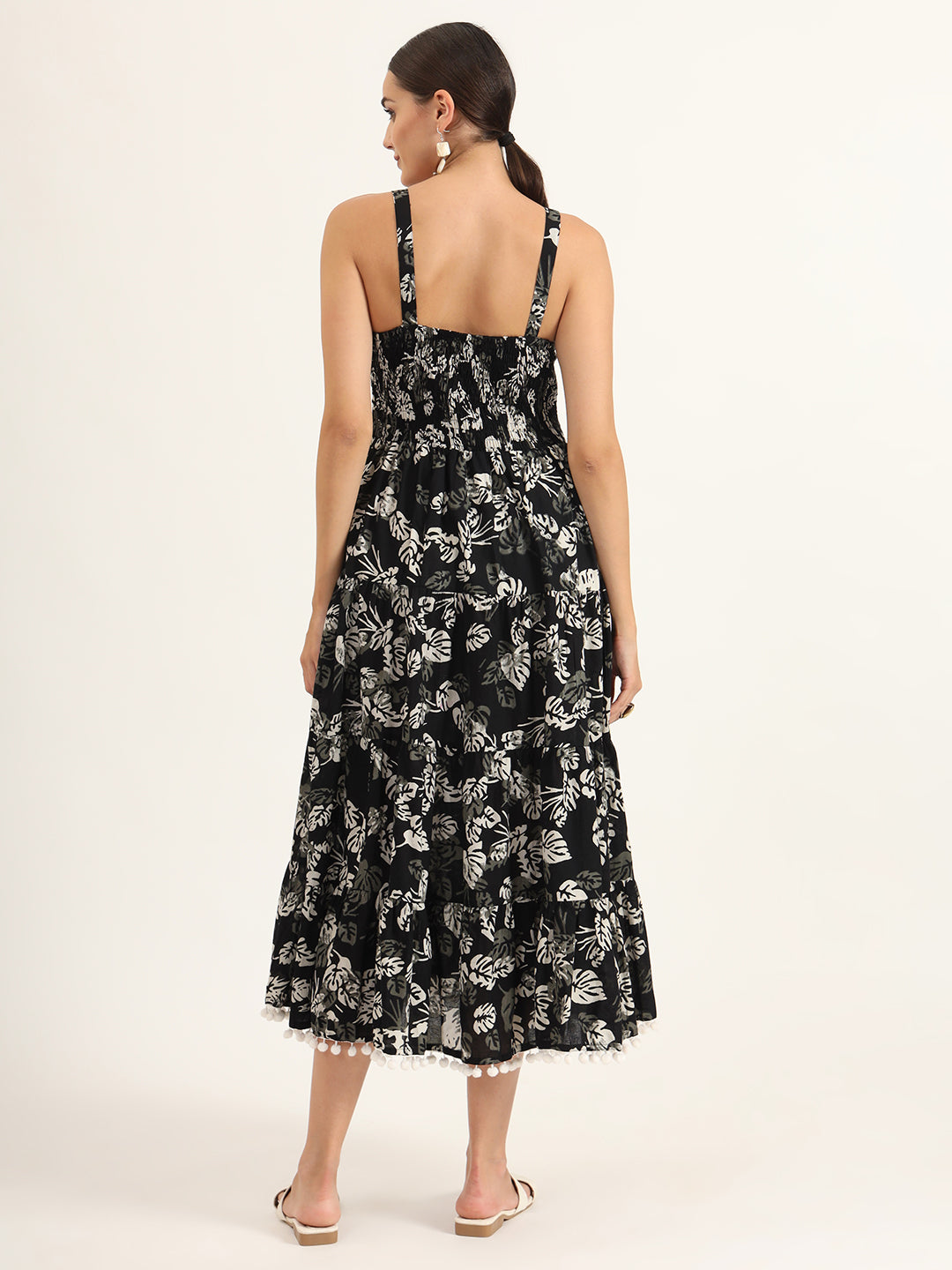 Noe Velarro Black Floral Print Pure Cotton Fit & Flare Dress