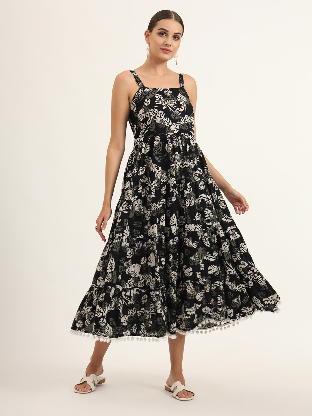 Noe Velarro Black Floral Print Pure Cotton Fit & Flare Dress