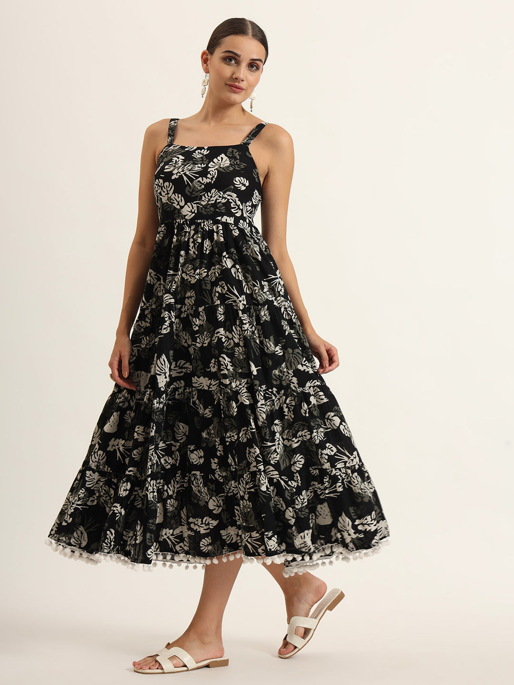 Noe Velarro Black Floral Print Pure Cotton Fit & Flare Dress