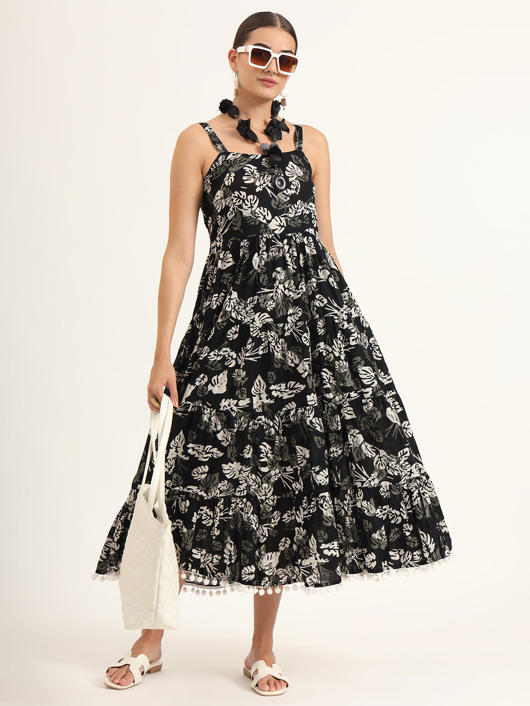 Noe Velarro Black Floral Print Pure Cotton Fit & Flare Dress