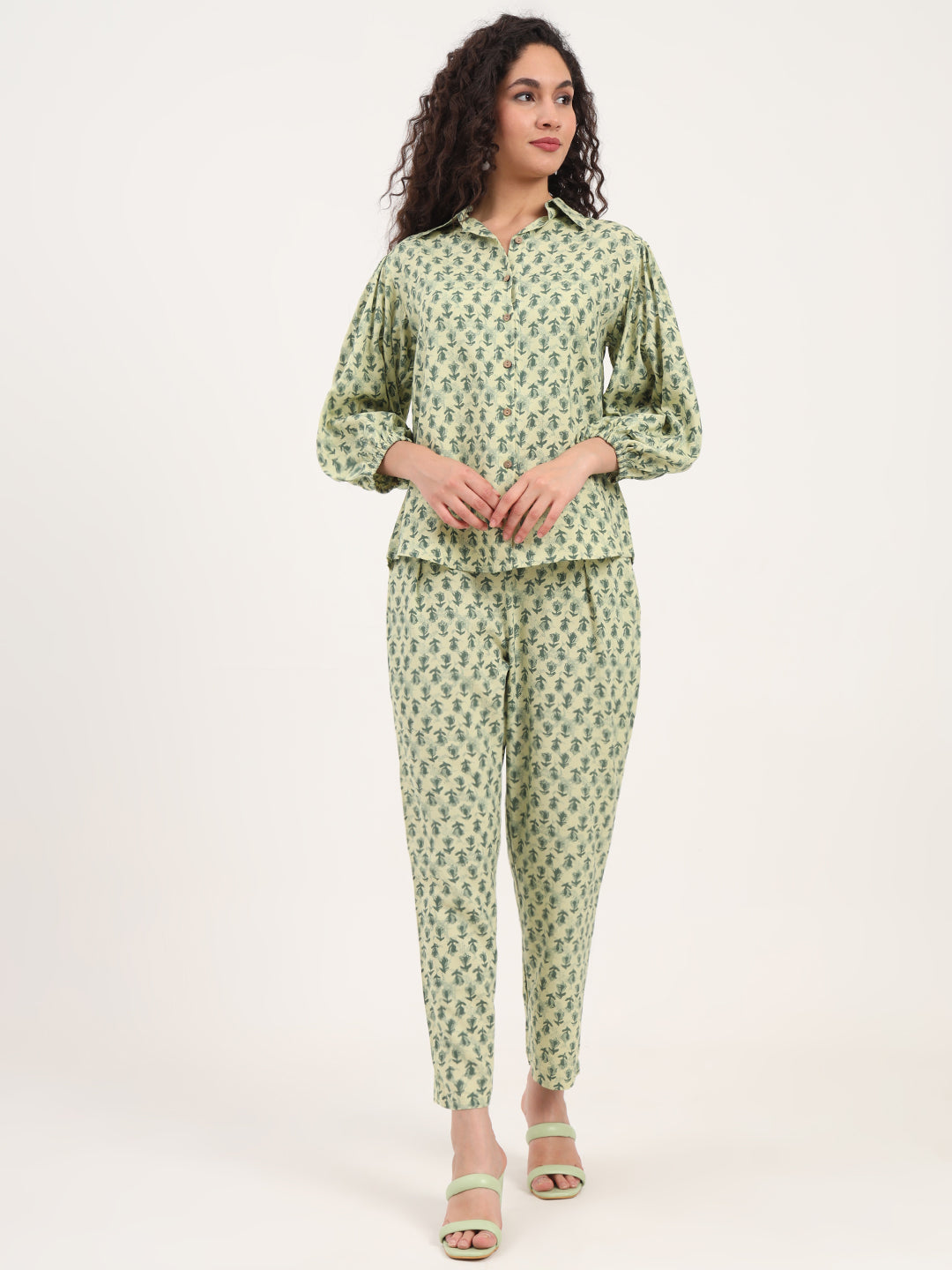Noe Velarro Green Floral Print Rayon Fabric  Shirts Pant With Crop Top three Piece set