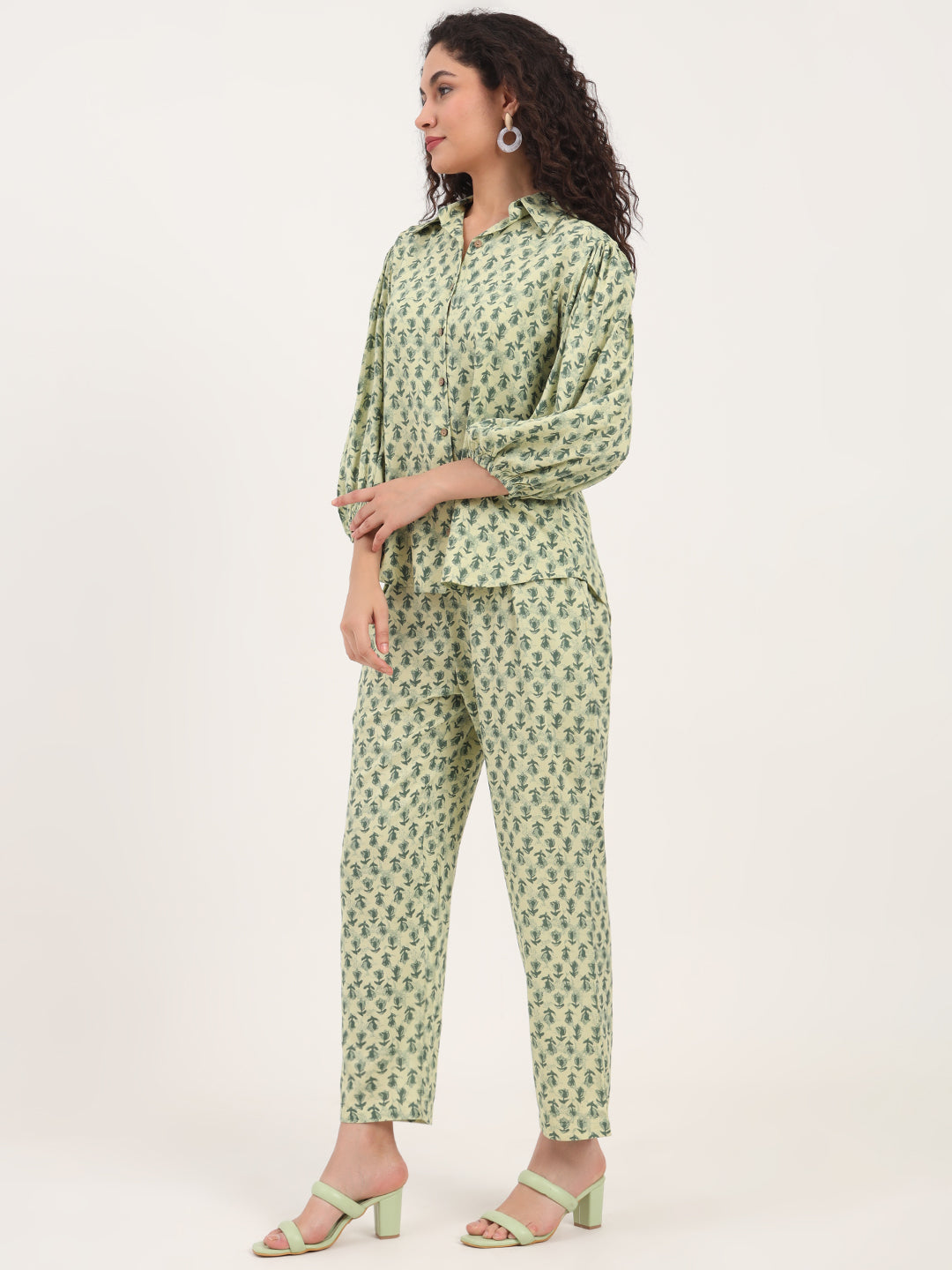 Noe Velarro Green Floral Print Rayon Fabric  Shirts Pant With Crop Top three Piece set