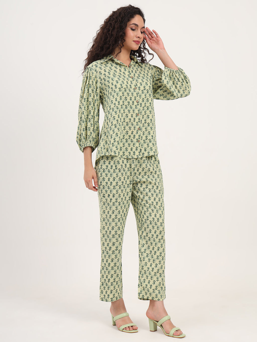 Noe Velarro Green Floral Print Rayon Fabric  Shirts Pant With Crop Top three Piece set