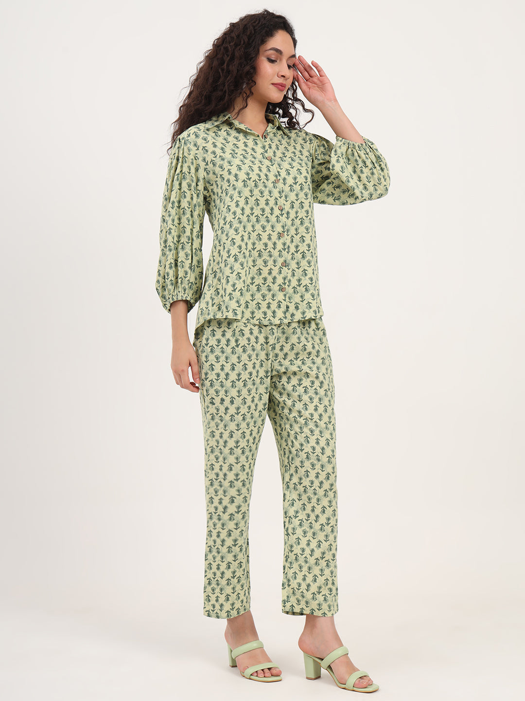 Noe Velarro Green Floral Print Rayon Fabric  Shirts Pant With Crop Top three Piece set