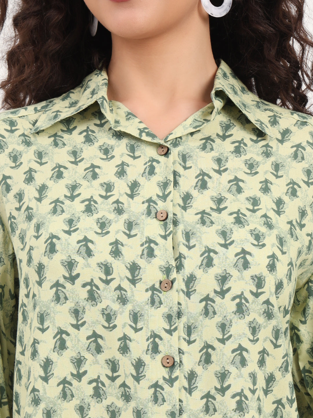 Noe Velarro Green Floral Print Rayon Fabric  Shirts Pant With Crop Top three Piece set