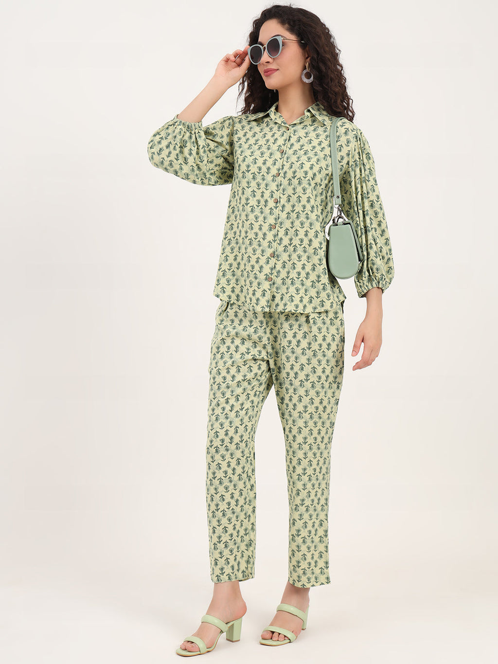 Noe Velarro Green Floral Print Rayon Fabric  Shirts Pant With Crop Top three Piece set