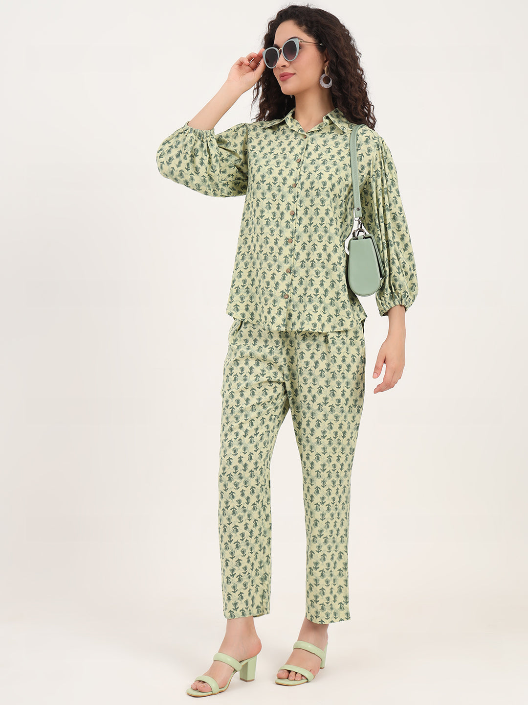 Noe Velarro Green Floral Print Rayon Fabric  Shirts Pant With Crop Top three Piece set
