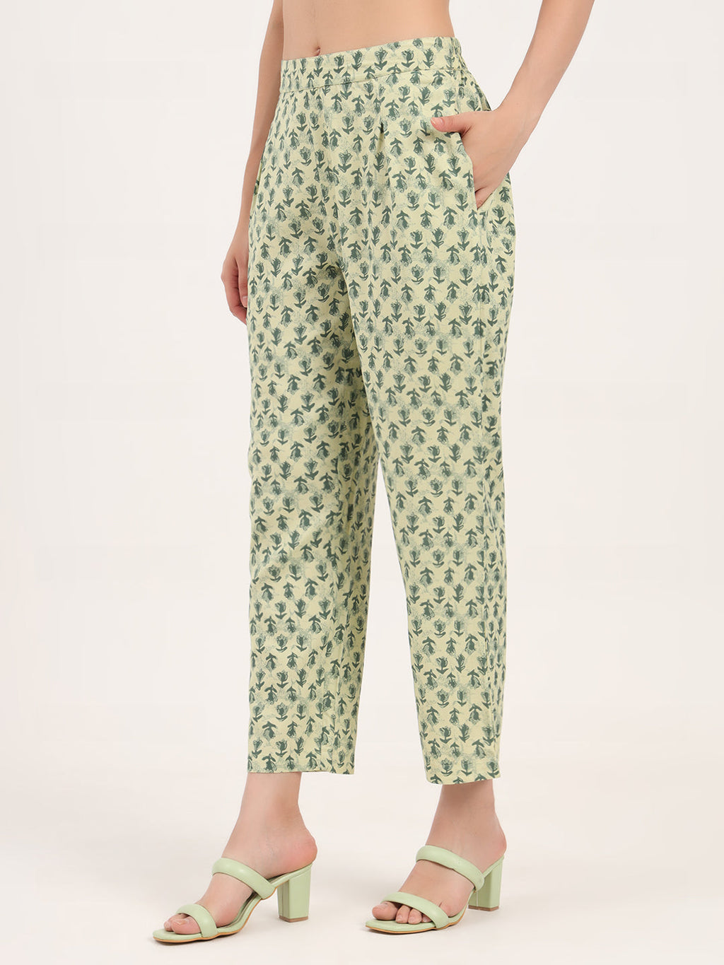 Noe Velarro Green Floral Print Rayon Fabric  Shirts Pant With Crop Top three Piece set