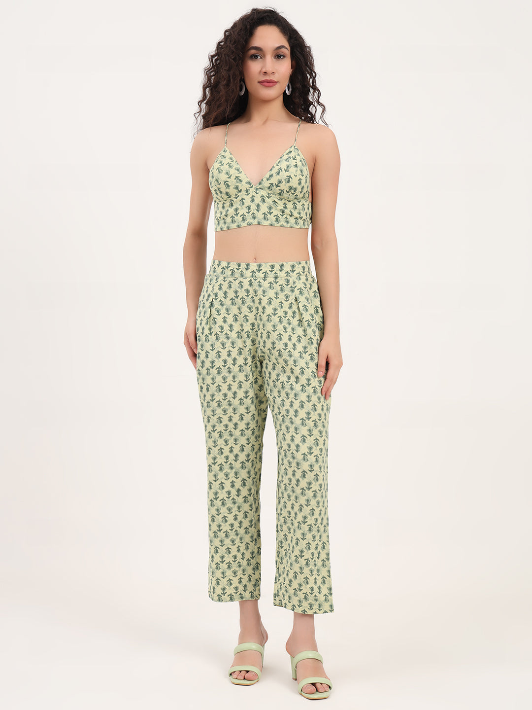 Noe Velarro Green Floral Print Rayon Fabric  Shirts Pant With Crop Top three Piece set