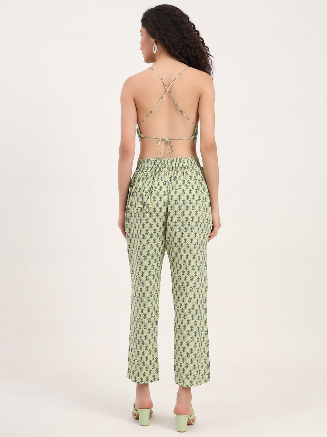 Noe Velarro Green Floral Print Rayon Fabric  Shirts Pant With Crop Top three Piece set