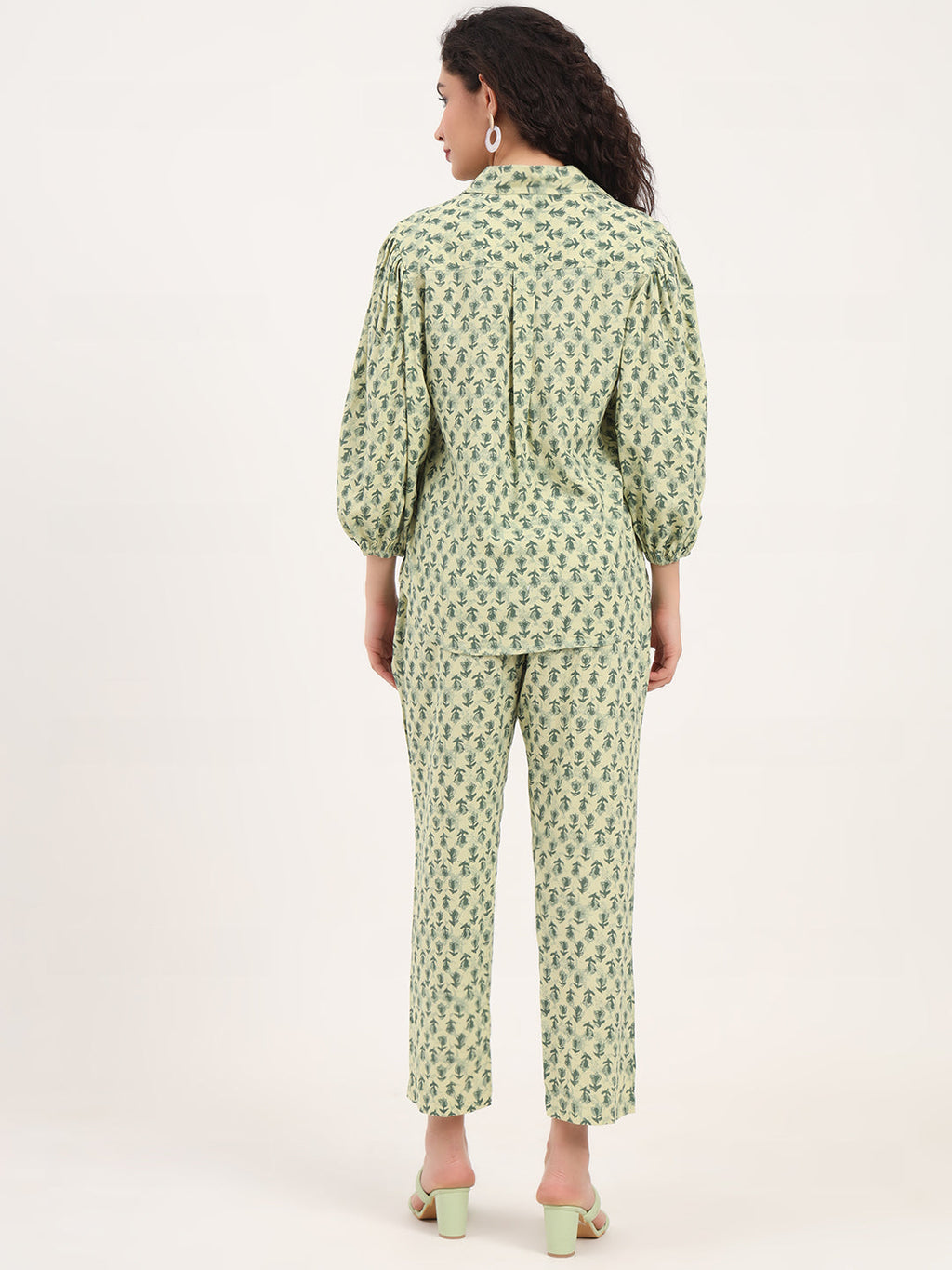 Noe Velarro Green Floral Print Rayon Fabric  Shirts Pant With Crop Top three Piece set