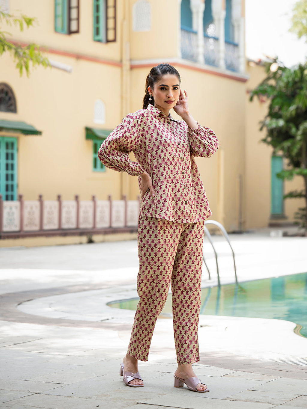 Noe Velarro Red Floral Print Pure Cotton Straight Co-ord Set