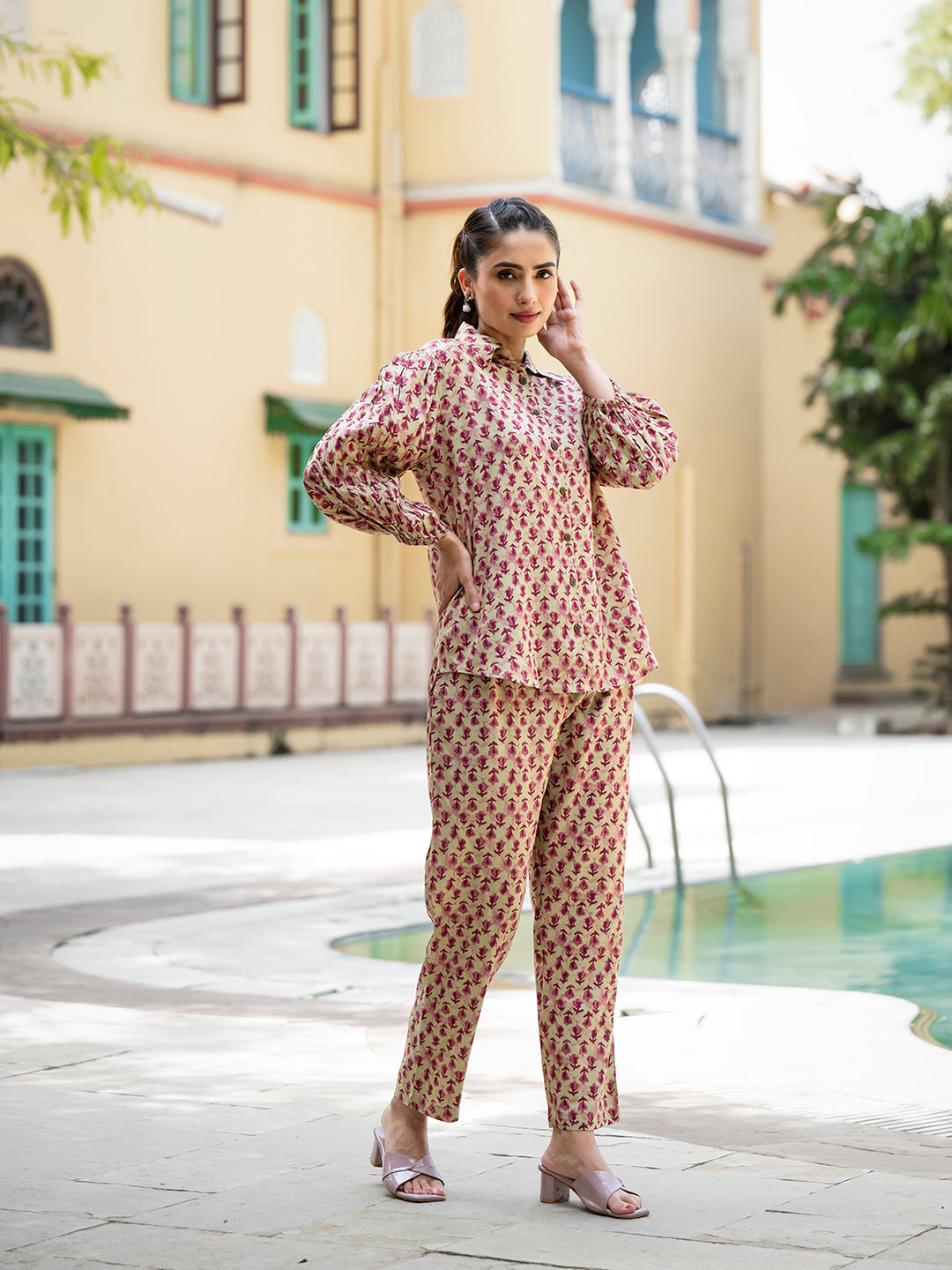 Noe Velarro Red Floral Print Pure Cotton Straight Co-ord Set