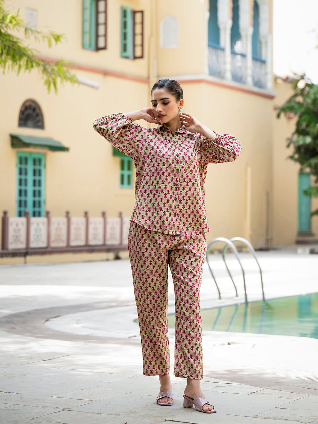 Noe Velarro Red Floral Print Pure Cotton Straight Co-ord Set