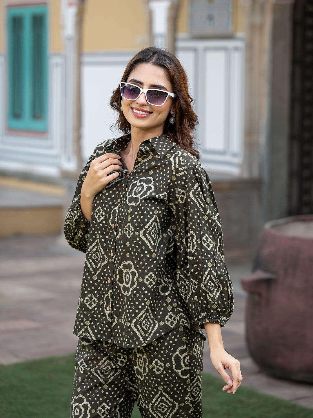 Noe Velarro Brown Floral Print Pure Cotton Straight Co-ord Set