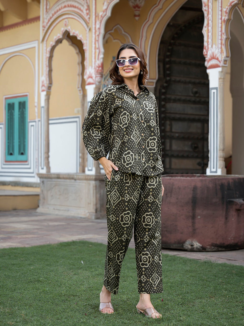Noe Velarro Brown Floral Print Pure Cotton Straight Co-ord Set