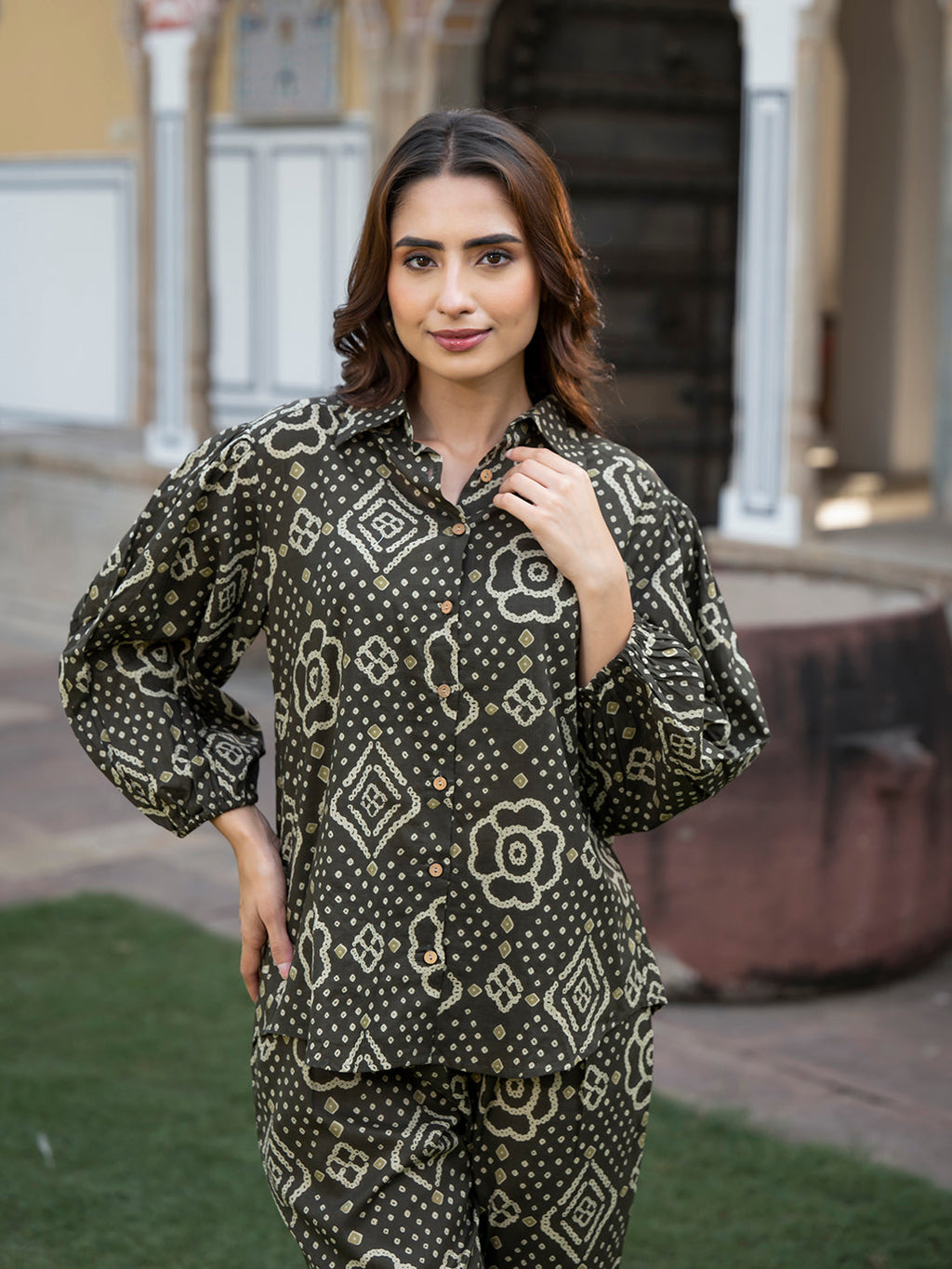 Noe Velarro Brown Floral Print Pure Cotton Straight Co-ord Set