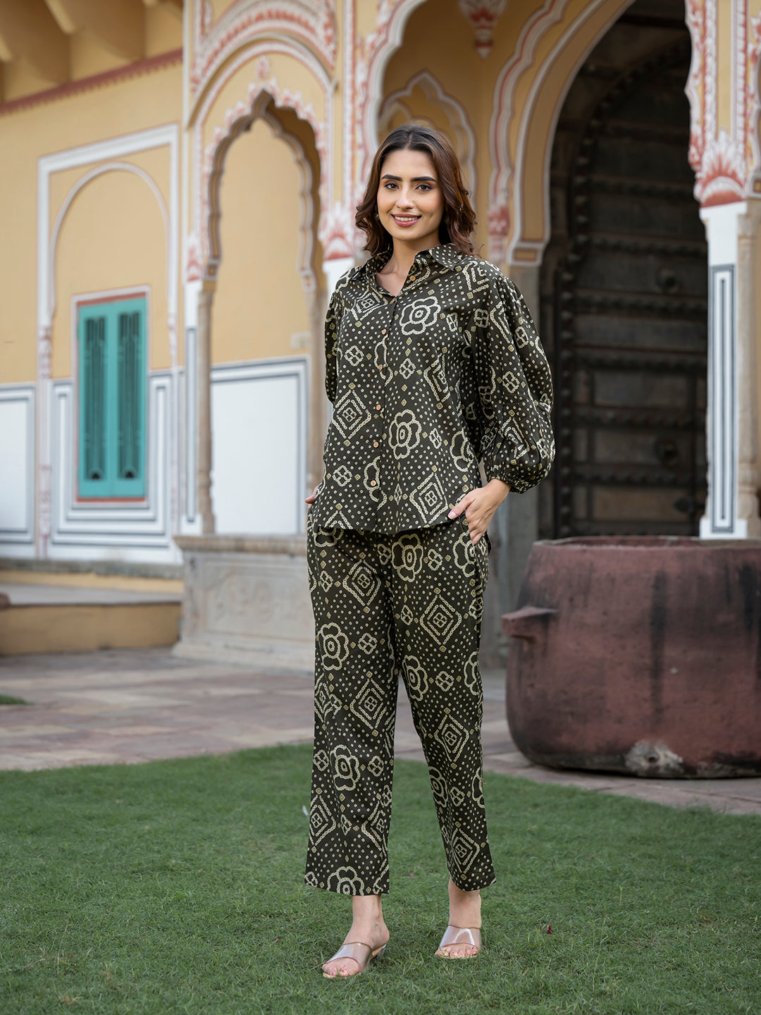 Noe Velarro Brown Floral Print Pure Cotton Straight Co-ord Set