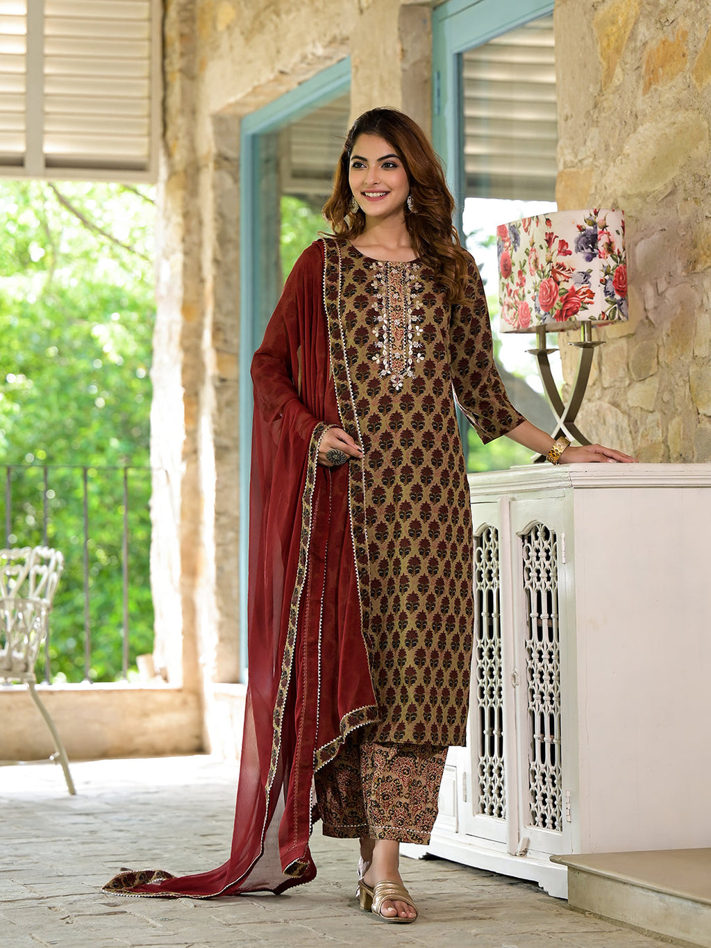 Noe Velarro Brown Straight fit Zardozi Work Knee Long Cotton Kurta Set for women