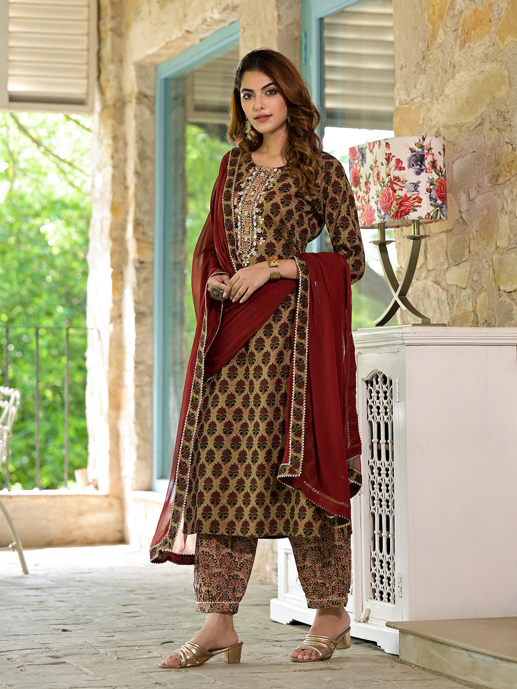 Noe Velarro Brown Straight fit Zardozi Work Knee Long Cotton Kurta Set for women