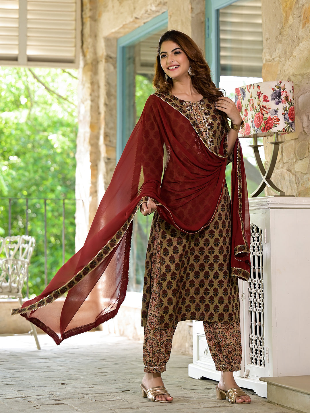 Noe Velarro Brown Straight fit Zardozi Work Knee Long Cotton Kurta Set for women