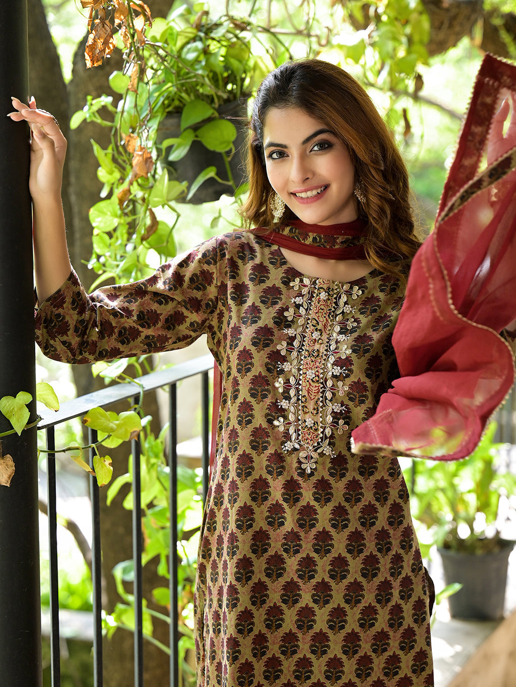 Noe Velarro Brown Straight fit Zardozi Work Knee Long Cotton Kurta Set for women