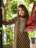 Noe Velarro Brown Straight fit Zardozi Work Knee Long Cotton Kurta Set for women