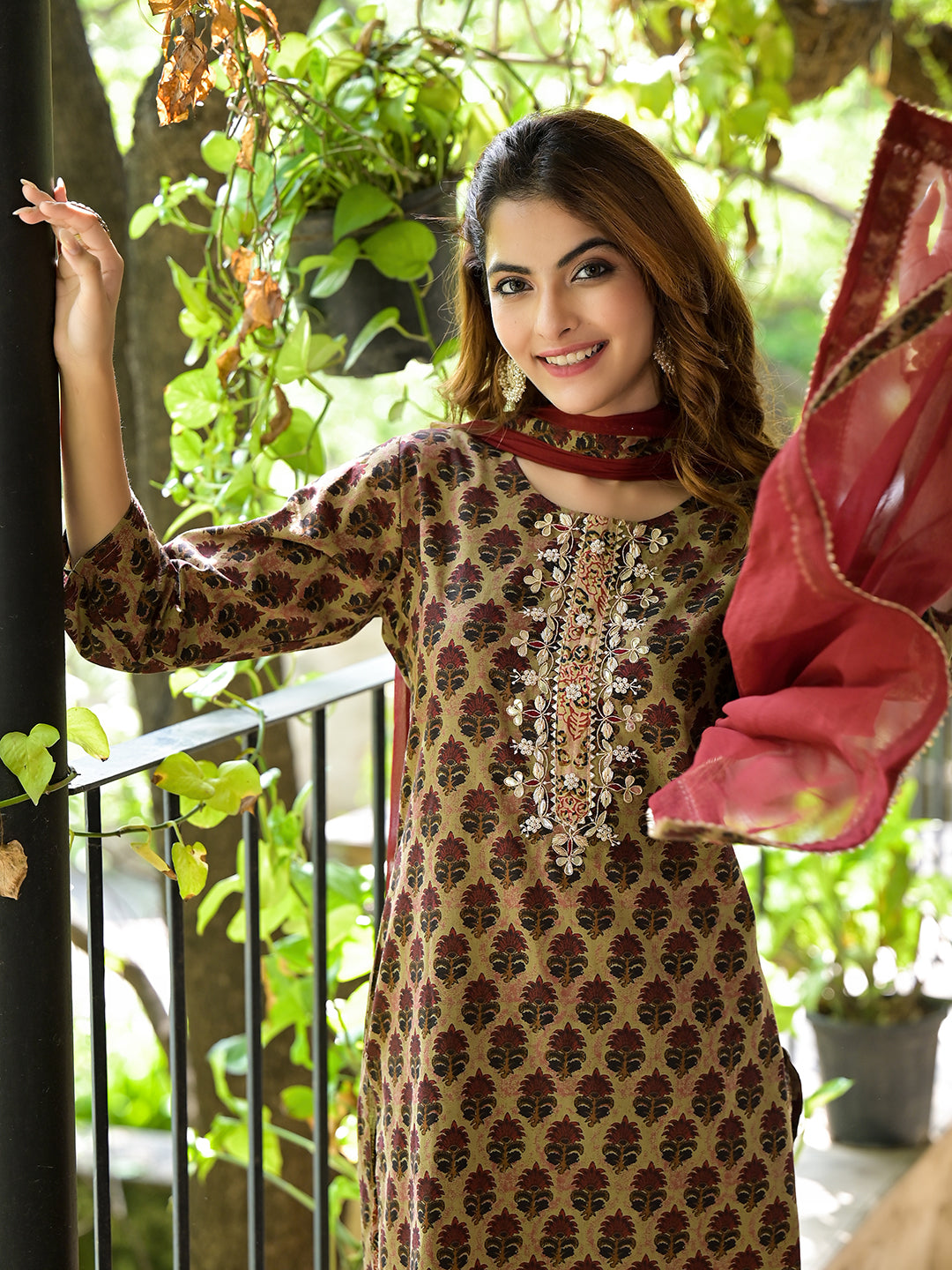 Noe Velarro Brown Straight fit Zardozi Work Knee Long Cotton Kurta Set for women