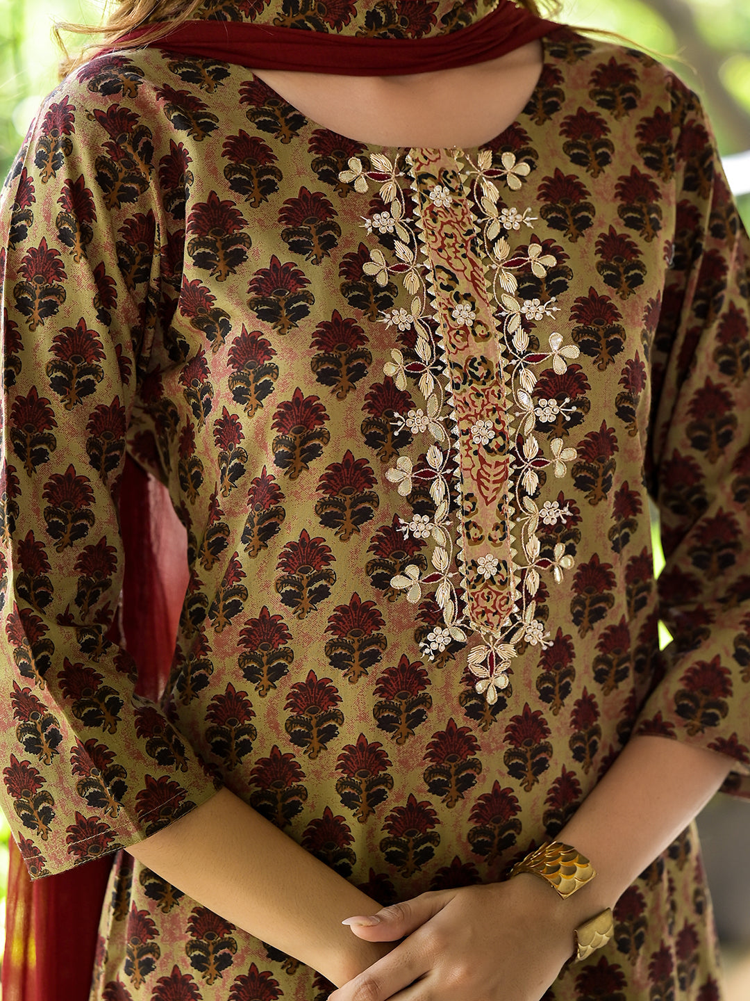 Noe Velarro Brown Straight fit Zardozi Work Knee Long Cotton Kurta Set for women